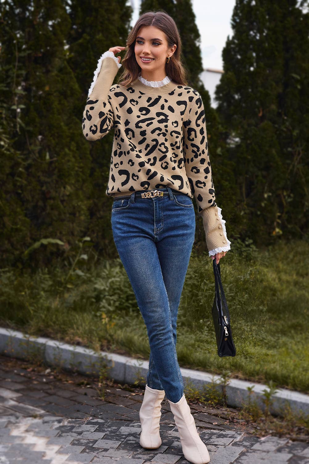 Leopard Lace Ribbed Button Cuff Sweater ~ Missy