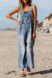 Distressed Bib Pocket Wide Leg Denim Overall: Stone Blue