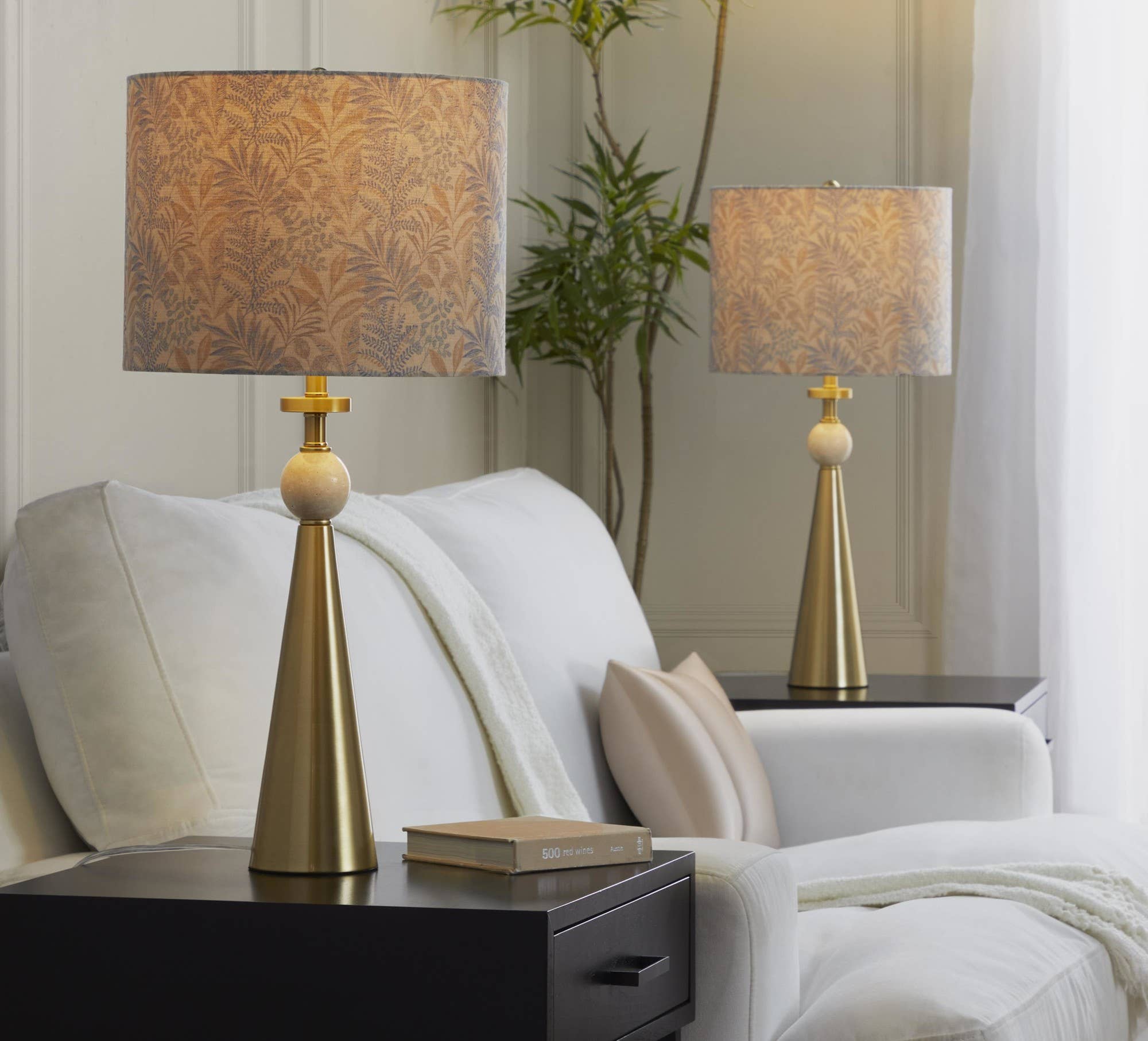 Cone Travertine 27" Table Lamp - In Gold Metal: Gold Metal, Travertine, Tan Leaf Shade