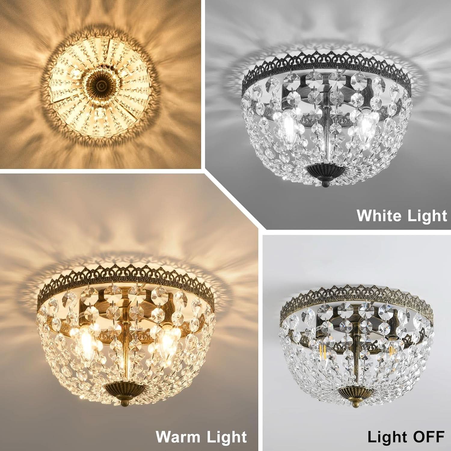 Three Light French Empire Crystal Chandelier Antique Bronze Dimmable Flush Mount