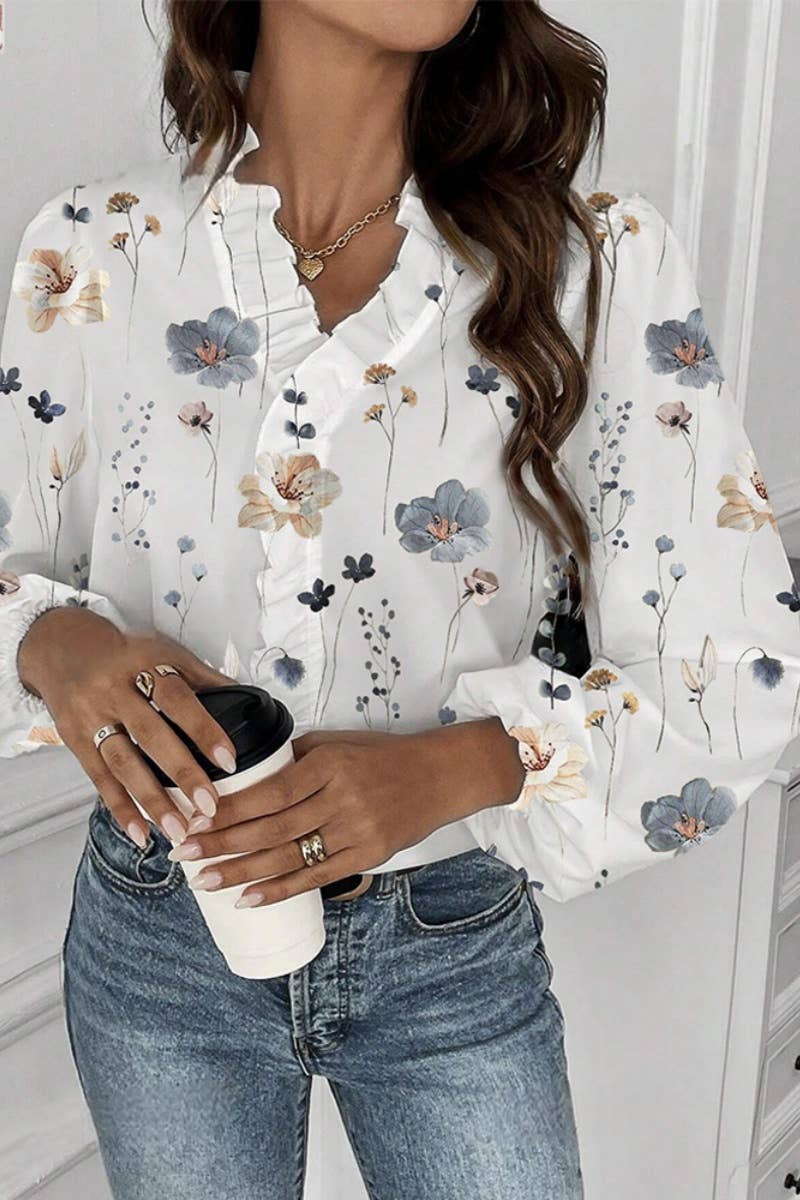 LONG-SLEEVED RUFFLED V-NECK PRINTED COMMUTER TOP: White / (M)