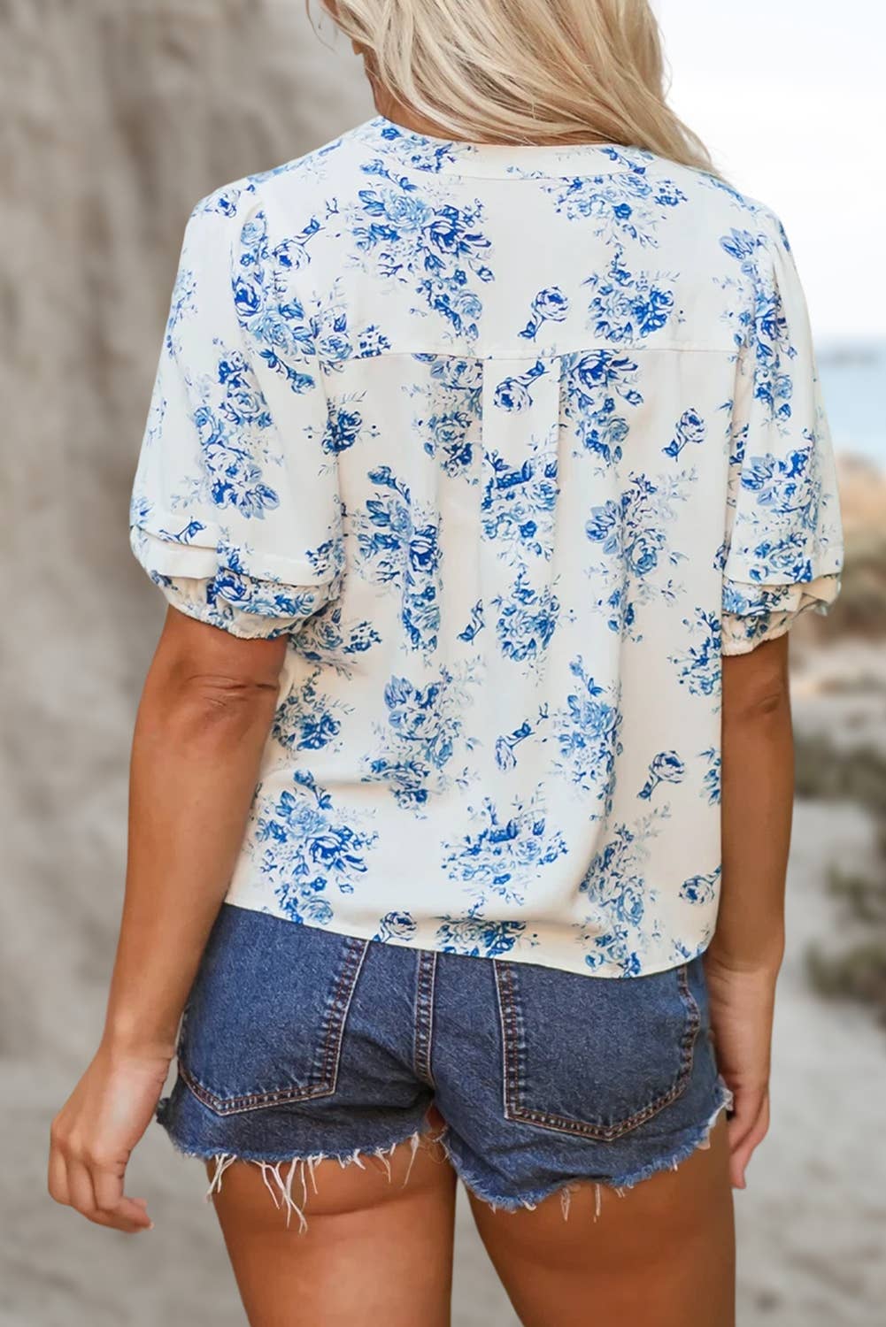BOHO Floral Pleated Puff Sleeve Button Up Shirt