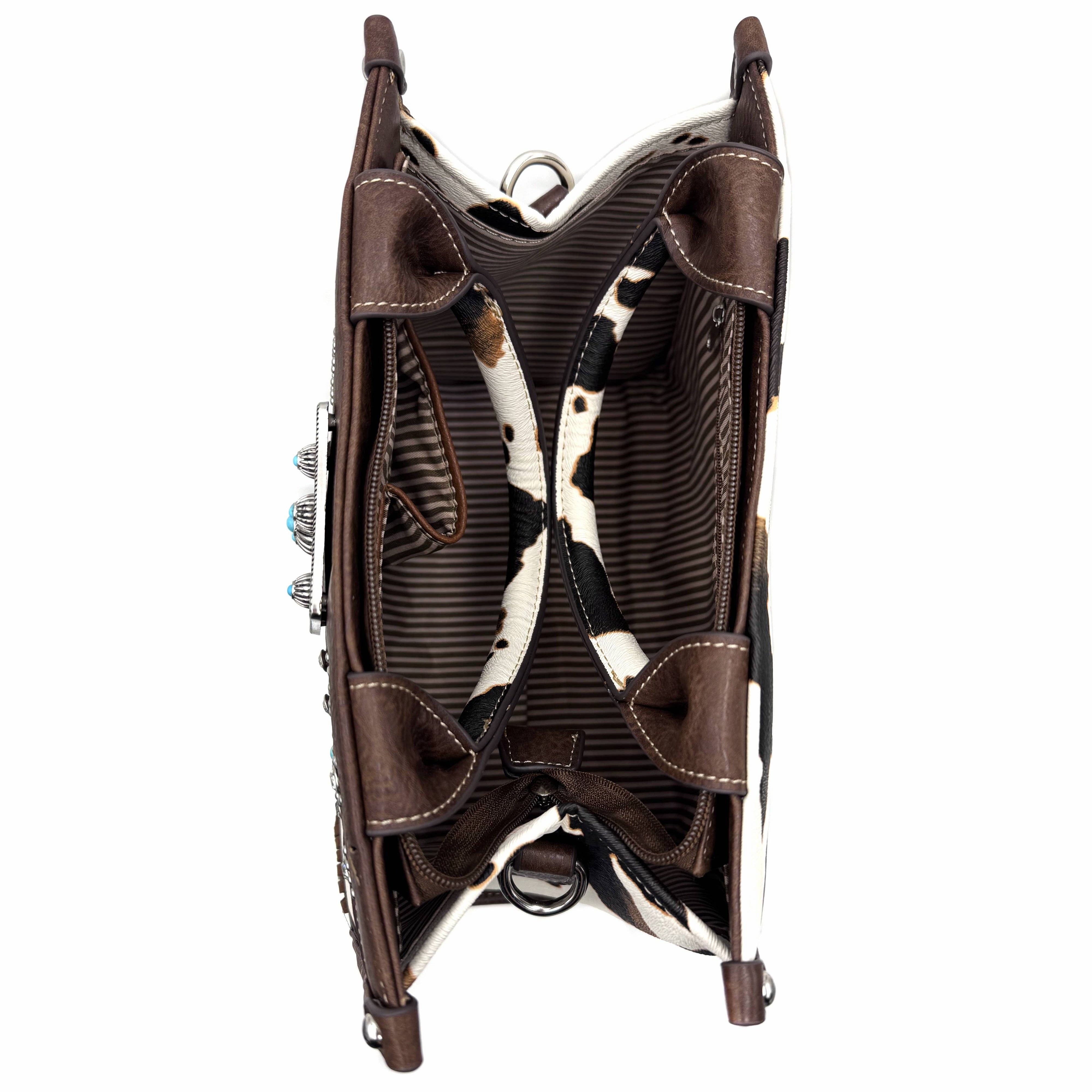 Rectangle Concho Cow Print Western Weekend Bag Crossbody: Brown