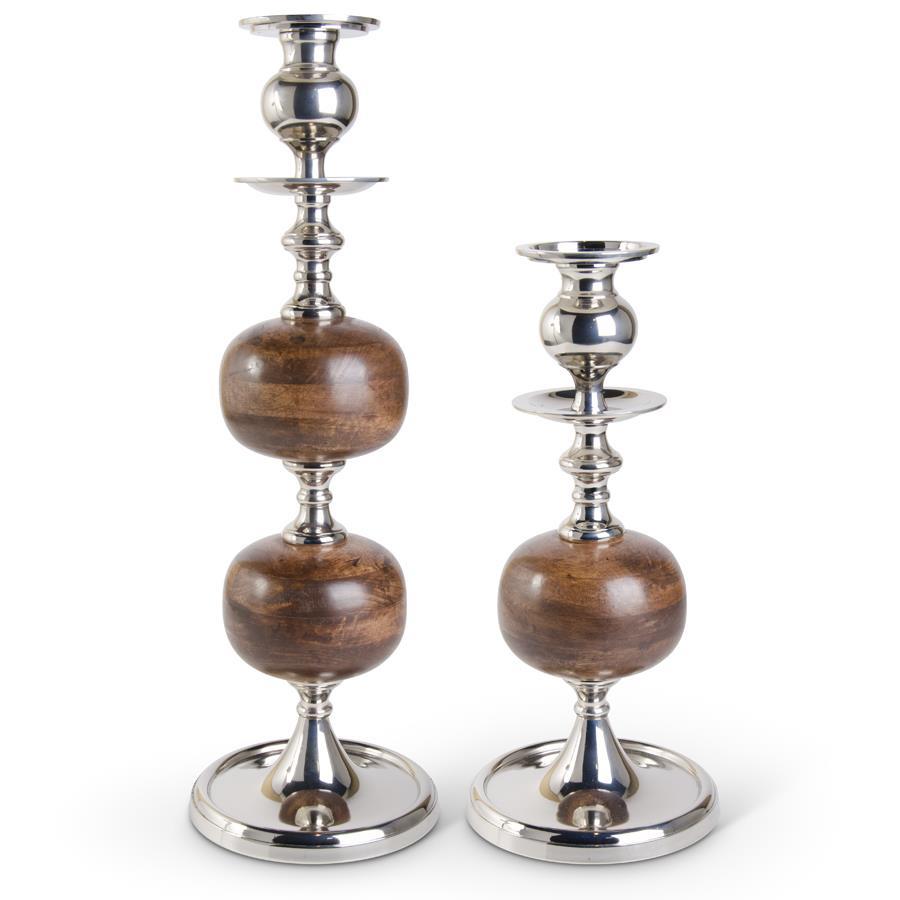 Wood and Polished Silver Candleholder - 2 Sizes