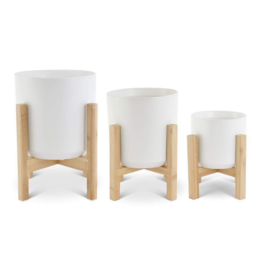 Modern White Ceramic Pots on Bamboo Stand - 3 Sizes