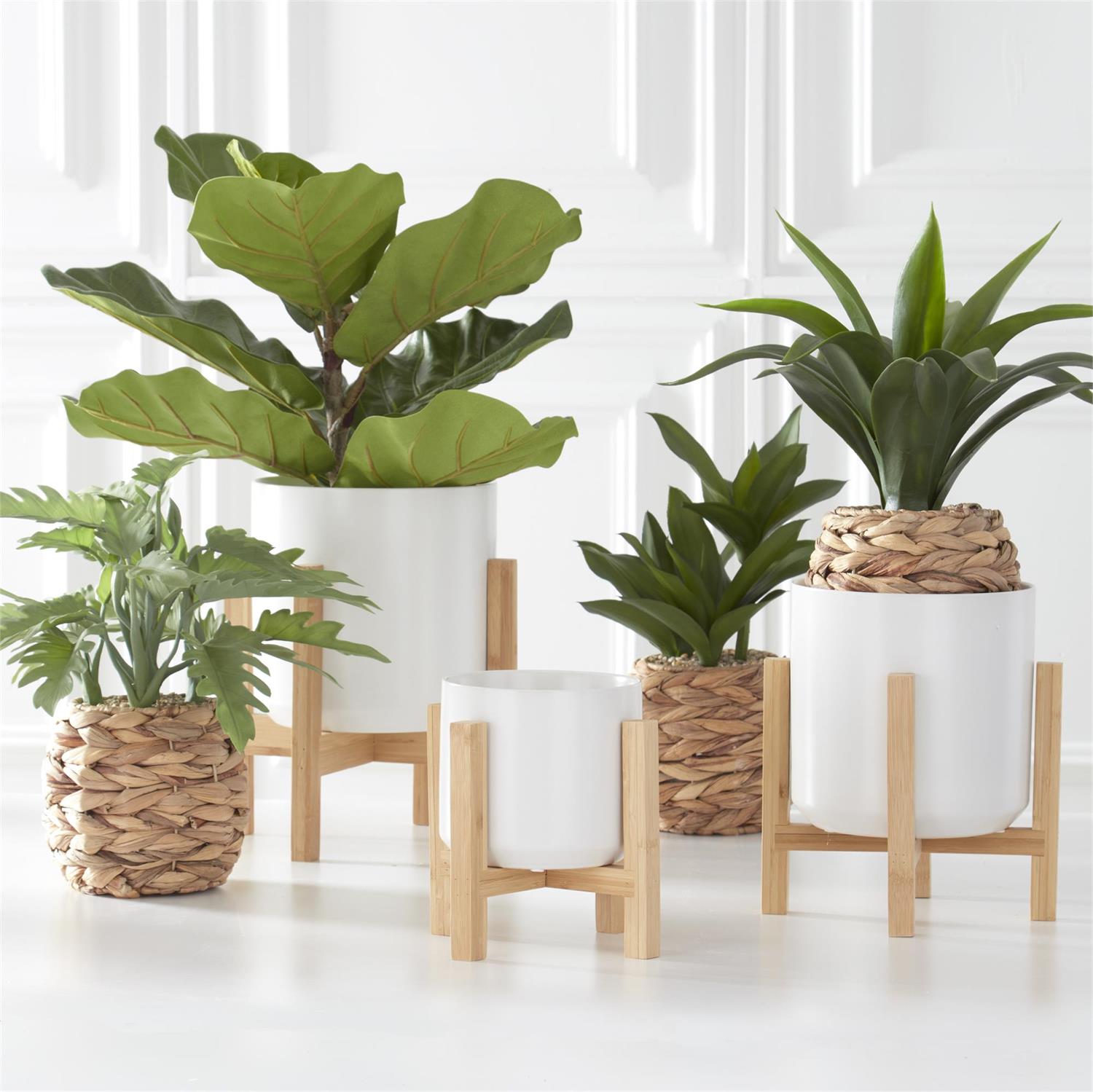 Modern White Ceramic Pots on Bamboo Stand - 3 Sizes