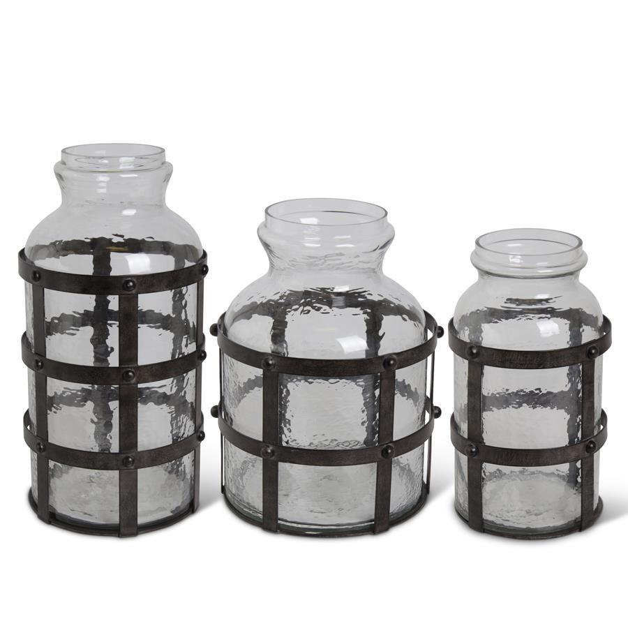 Textured Glass Jars in Metal Cage