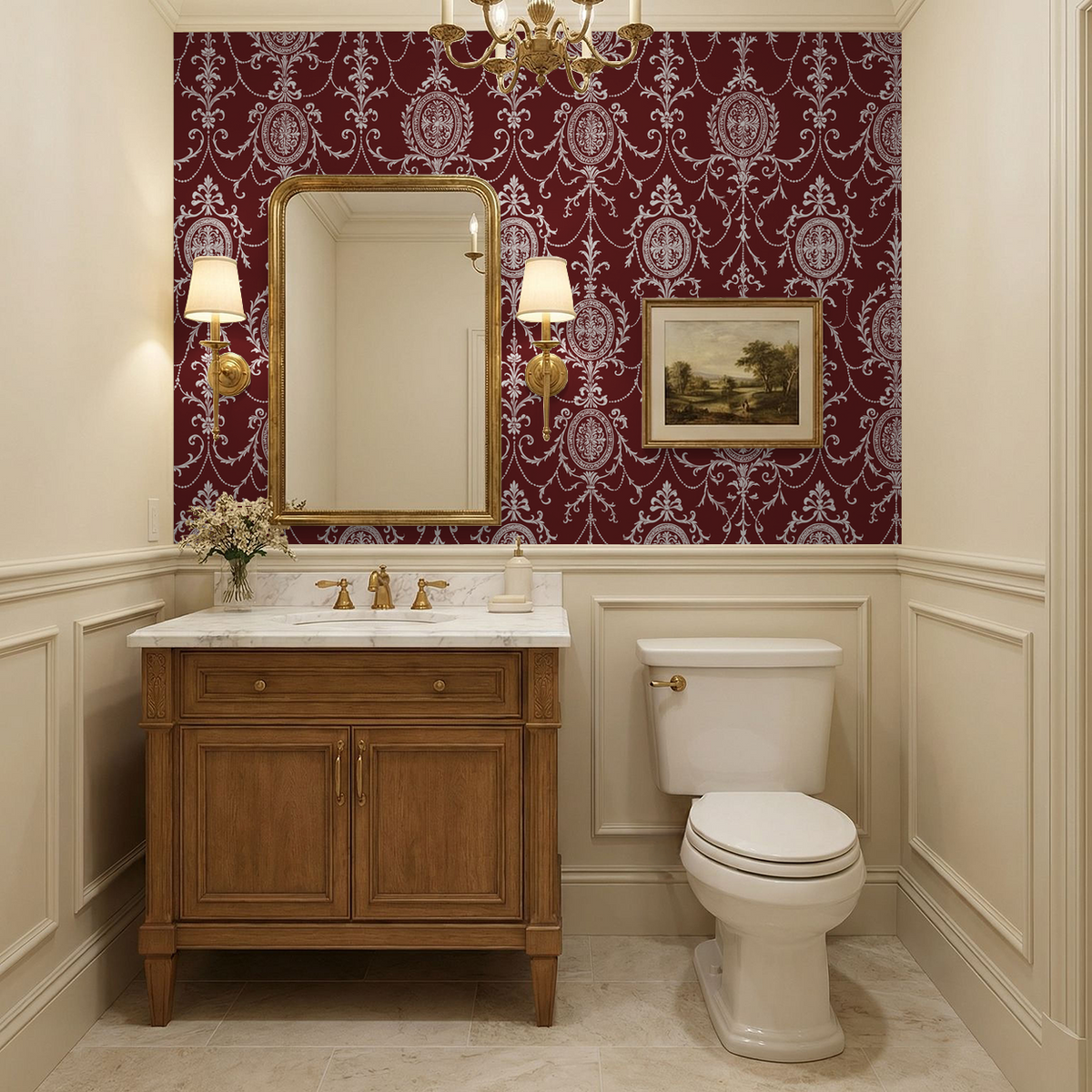 State Room Scroll (Burgundy) Wallpaper