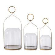 Round Antiqued Gold Metal Lanterns w/Open Dome Glass Containers ~ 3 Sizes