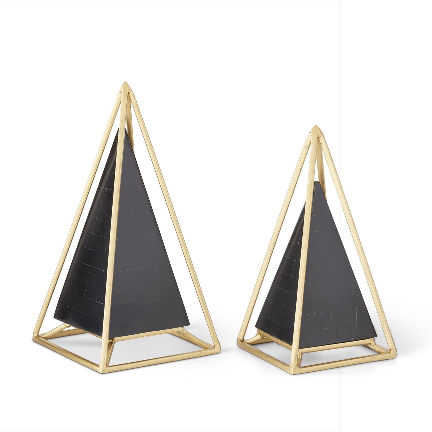 Gold Metal Framed Black Tiled Pyramid Sculptures ~ 2 Sizes
