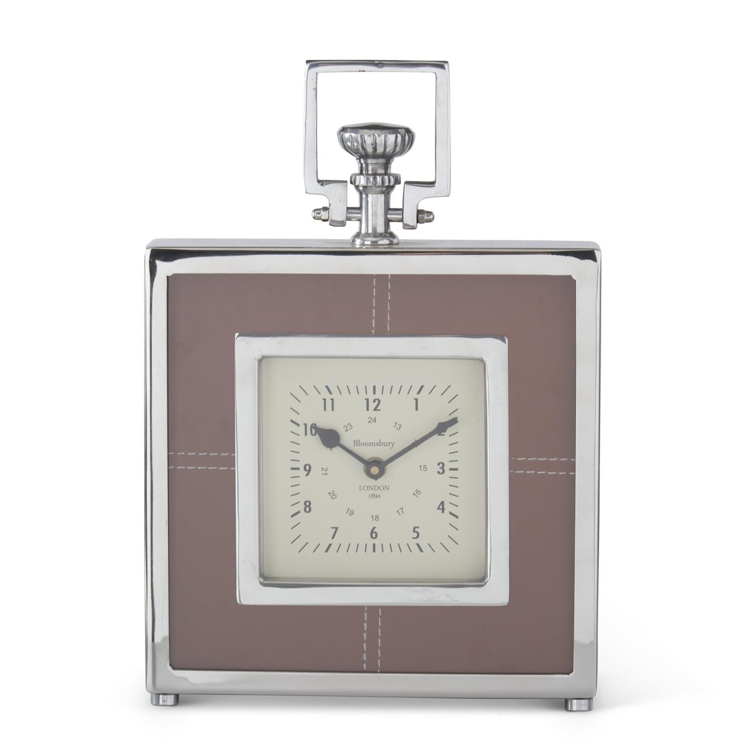Square Brown Vegan Leather & Silver Metal Mantel Clock ~ 14.25 Inch
