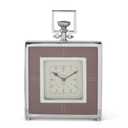 Square Brown Vegan Leather & Silver Metal Mantel Clock ~ 14.25 Inch