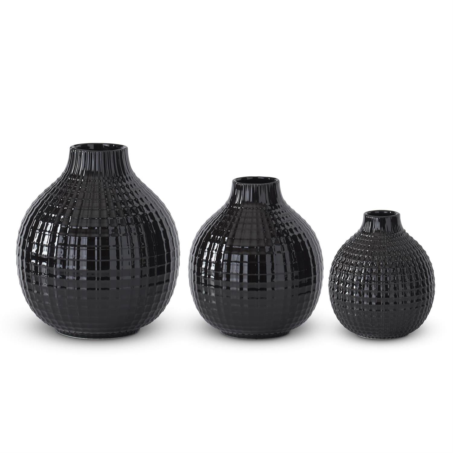 3 Glossy Black Ceramic Grid Vase