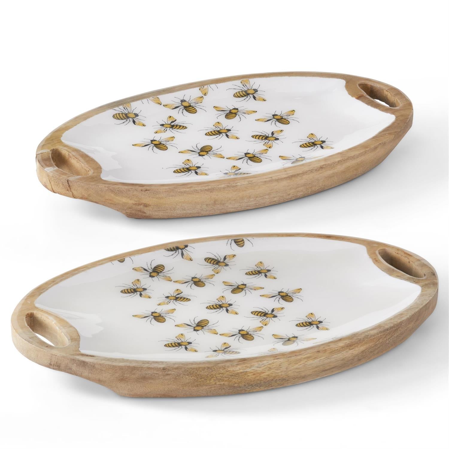 2 Oval Bee Enameled Wood Trays