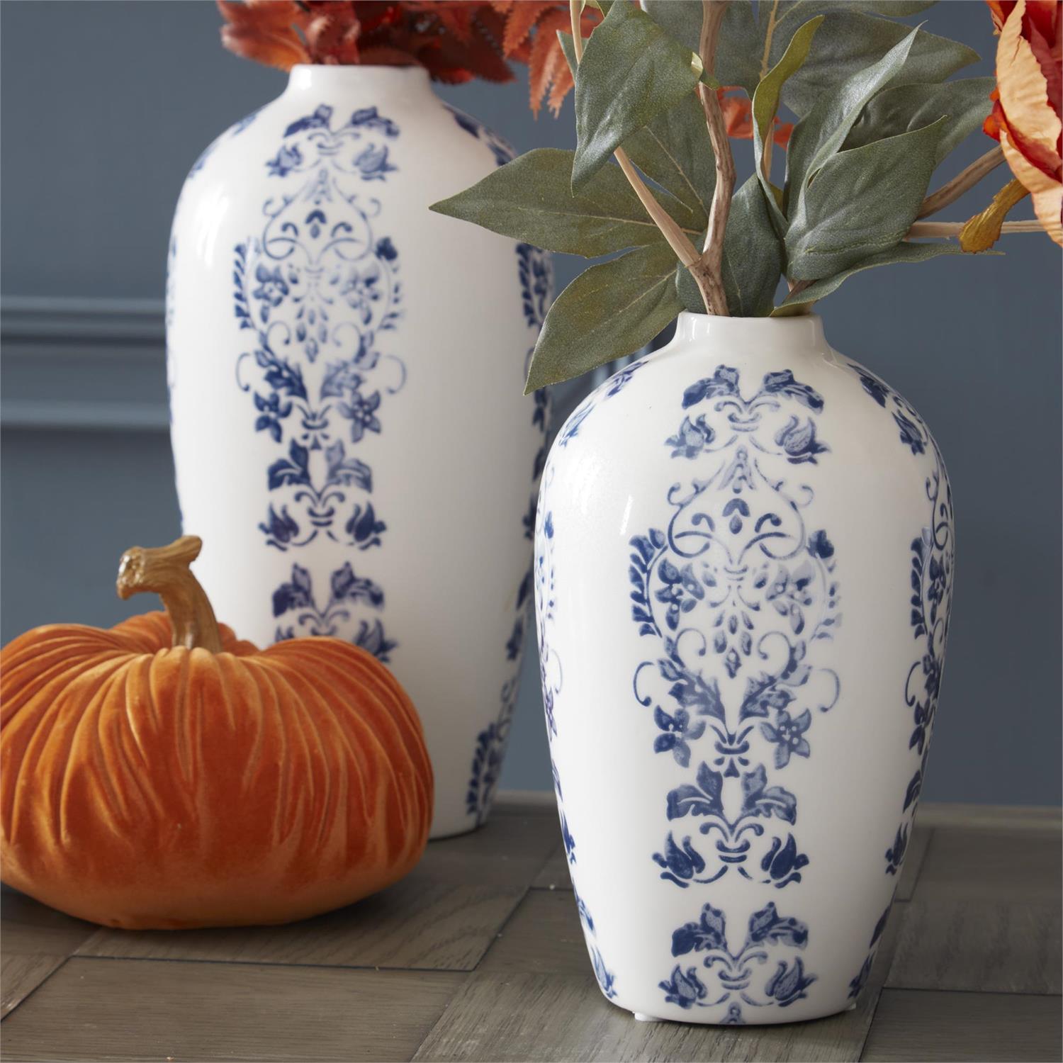 Blue & White Floral Striped Ceramic Vases ~ 2 Sizes
