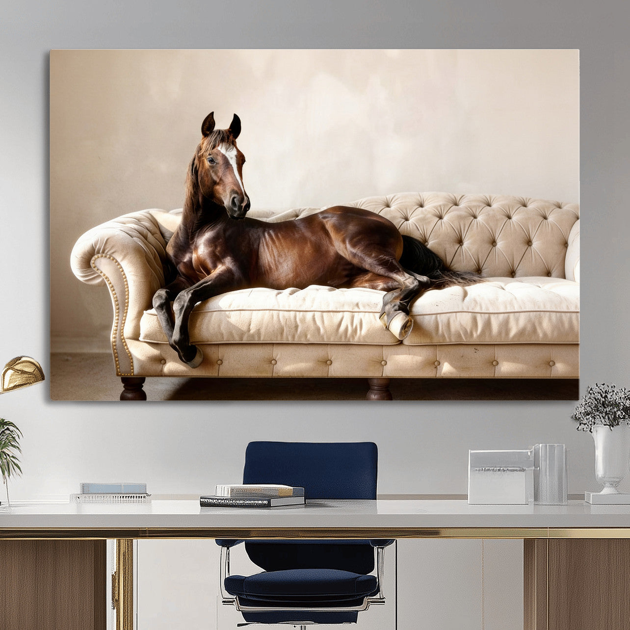 Funny Horse on Sofa Canvas Wall Art, Quirky Horse Lounging Photo Print, Whimsical Animal Decor, Living Room Conversation Art, Horse Lover Gift