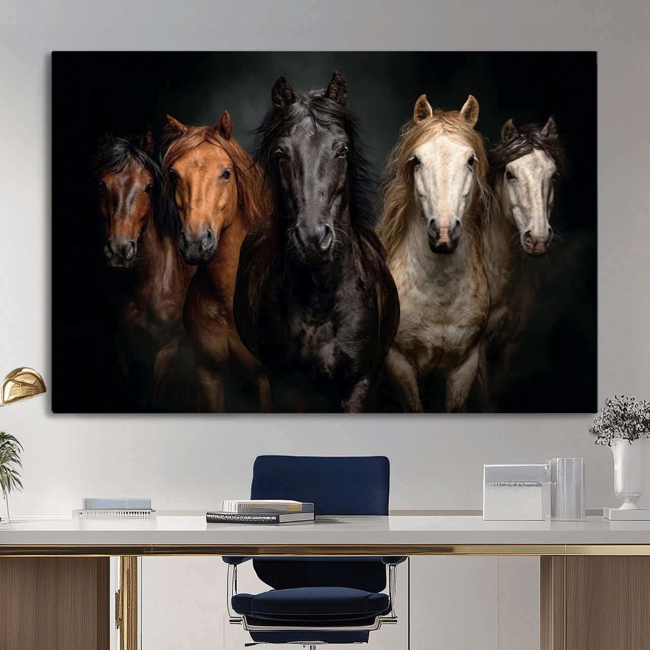 Horse Wall Art Canvas Print, Wild Horses Portrait Photography, Dramatic Equestrian Decor, Black Brown White Horse Herd, Rustic Ranch Art