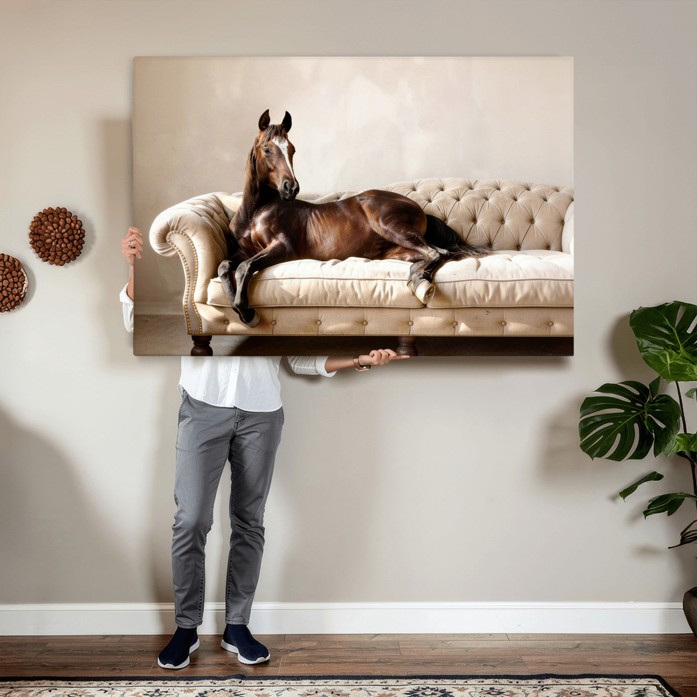 Funny Horse on Sofa Canvas Wall Art, Quirky Horse Lounging Photo Print, Whimsical Animal Decor, Living Room Conversation Art, Horse Lover Gift