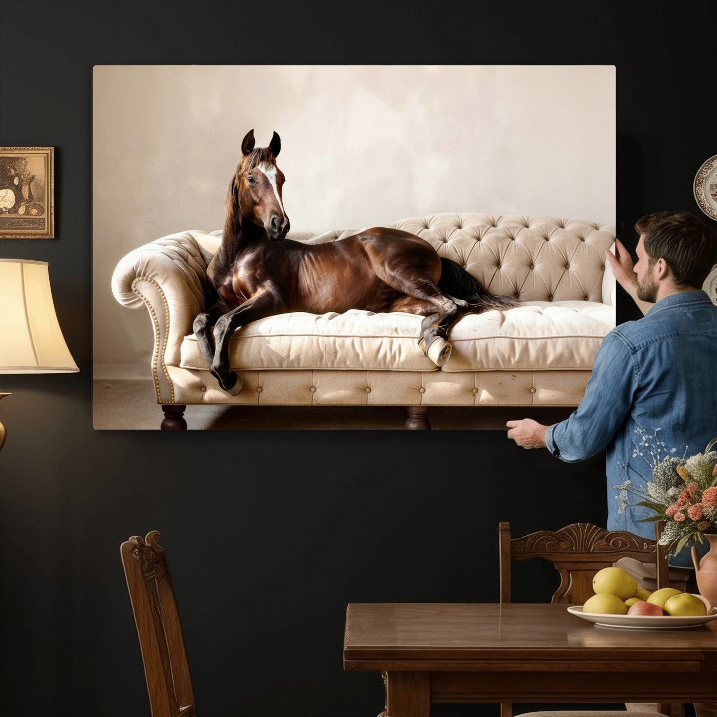 Funny Horse on Sofa Canvas Wall Art, Quirky Horse Lounging Photo Print, Whimsical Animal Decor, Living Room Conversation Art, Horse Lover Gift