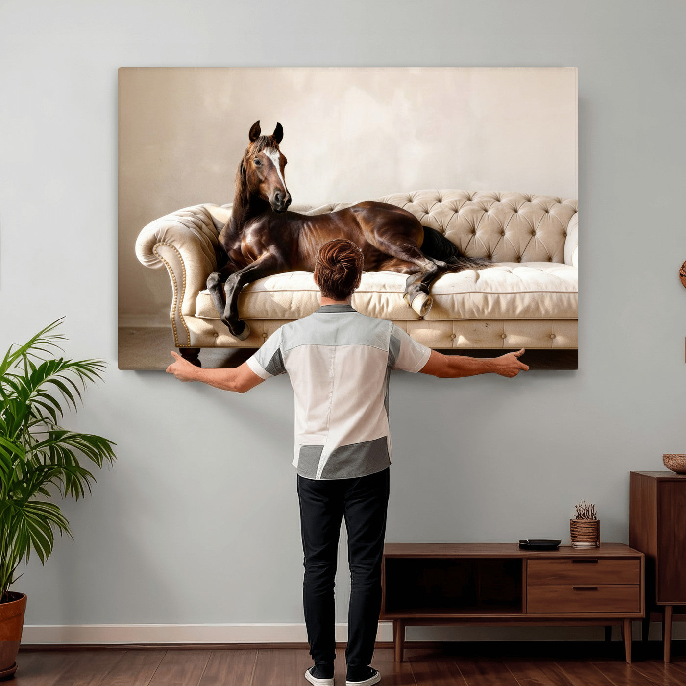 Funny Horse on Sofa Canvas Wall Art, Quirky Horse Lounging Photo Print, Whimsical Animal Decor, Living Room Conversation Art, Horse Lover Gift