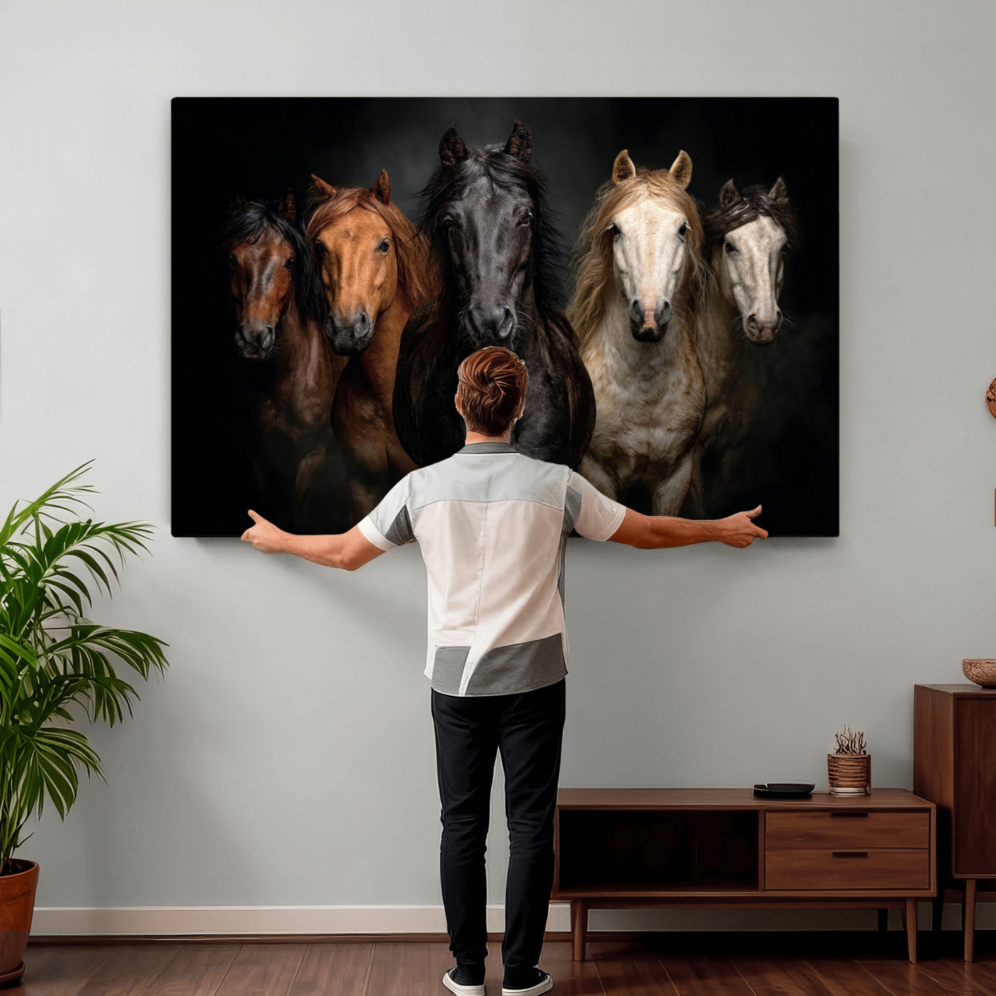 Horse Wall Art Canvas Print, Wild Horses Portrait Photography, Dramatic Equestrian Decor, Black Brown White Horse Herd, Rustic Ranch Art