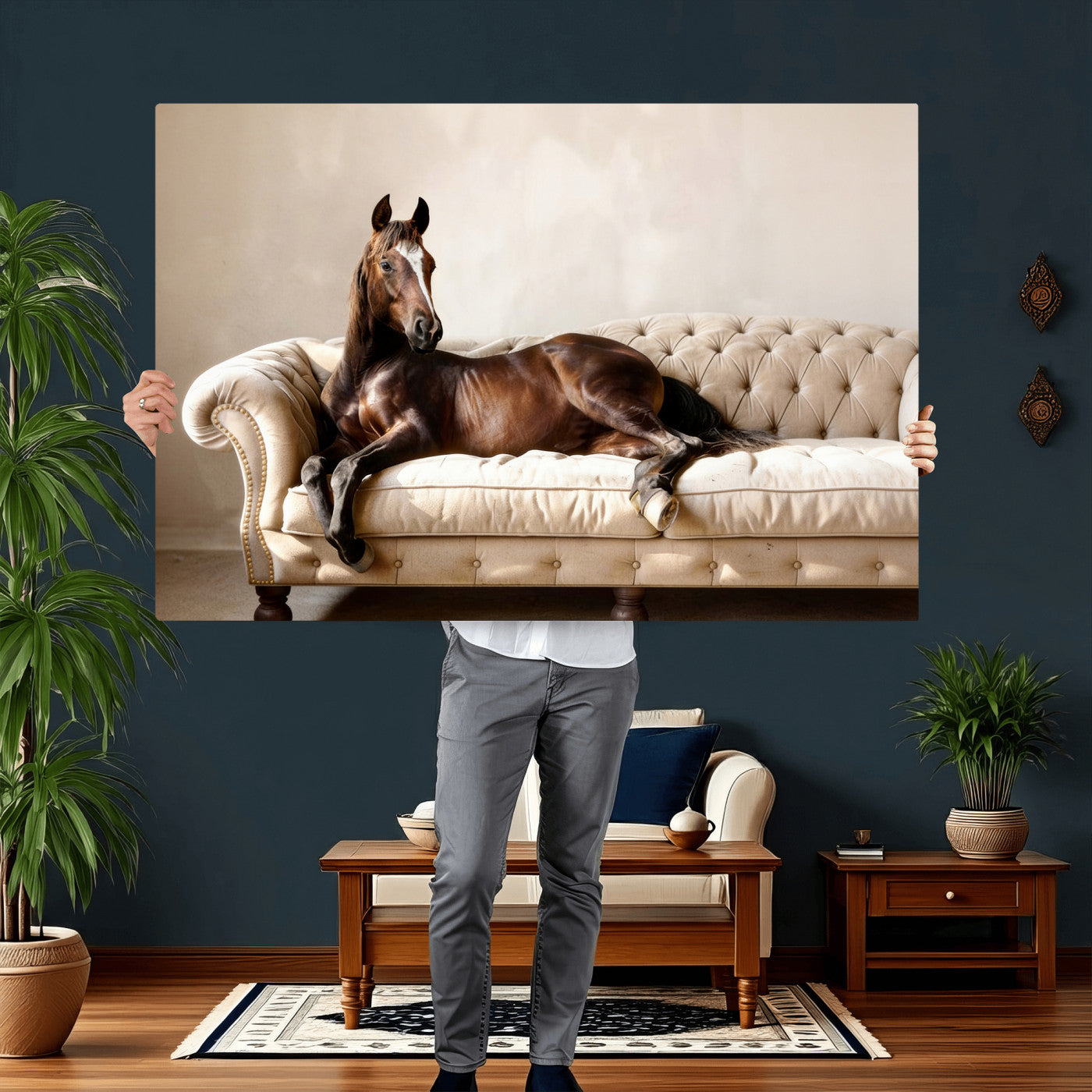 Funny Horse on Sofa Canvas Wall Art, Quirky Horse Lounging Photo Print, Whimsical Animal Decor, Living Room Conversation Art, Horse Lover Gift