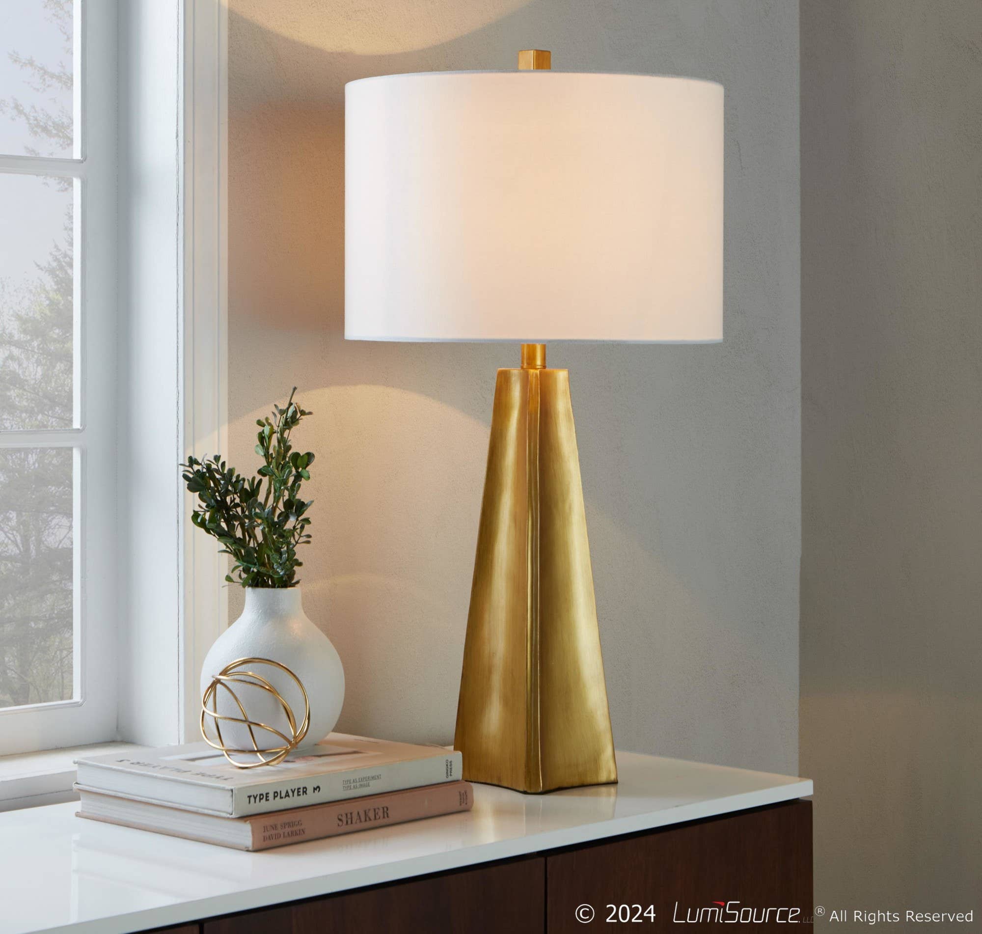 Pompeii 29" Polyresin Table Lamp: Gold Poyresin, White Linen