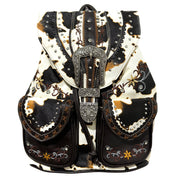 Cow Print Western Leather Buckle Backpack: Brown