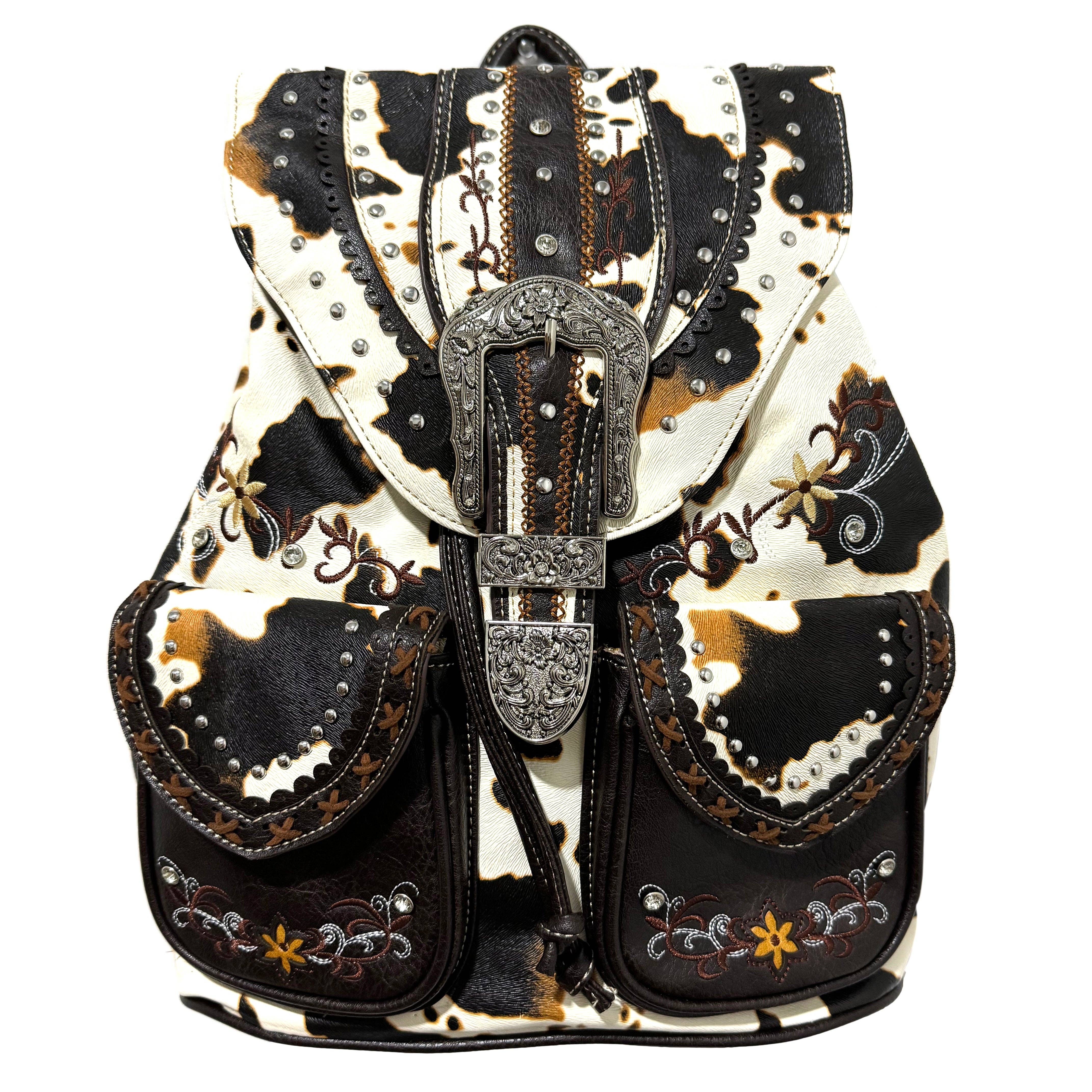 Cow Print Western Leather Buckle Backpack: Brown