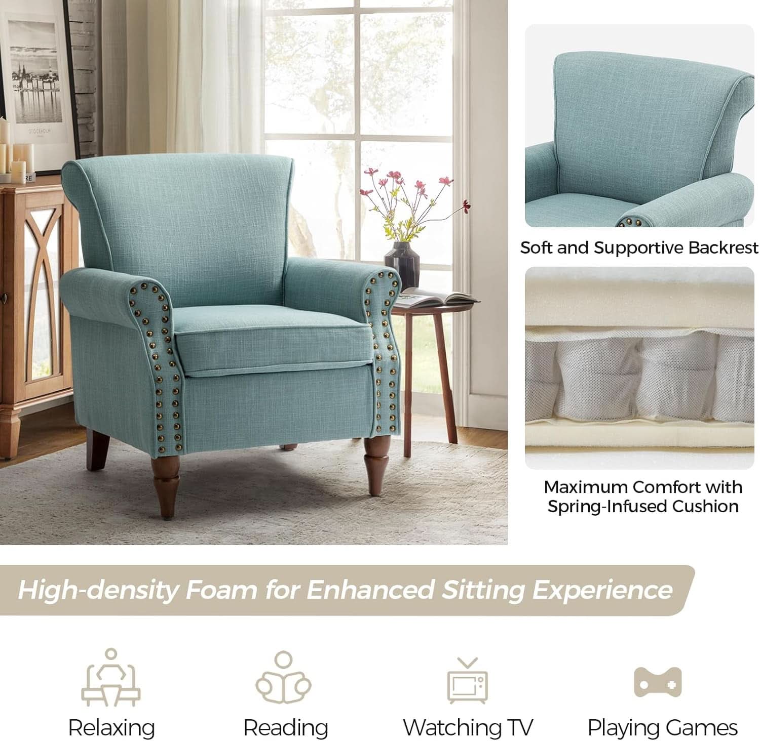 Blue Wingback Accent Chair With Removable Cushions