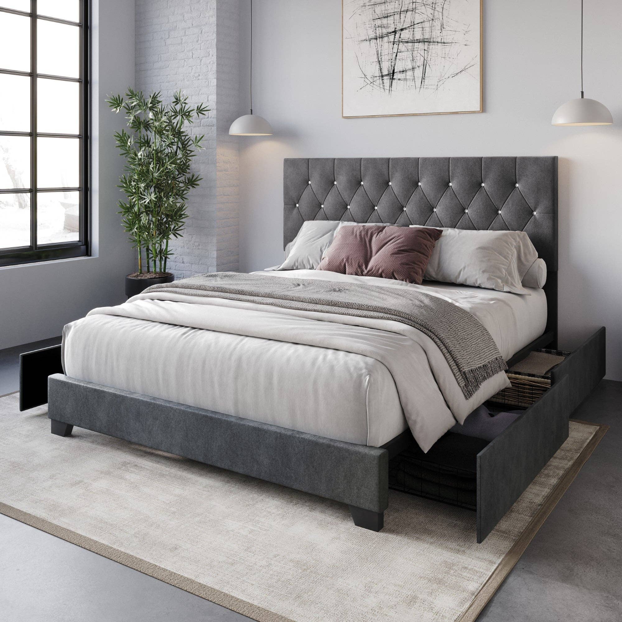 Sheffield Full Tufted Upholstered Storage Platform Bed Frame with Diamond Button-Tufted Headboard and Four Under-Drawers, Dark Gray, Easy Assembly: King / Black