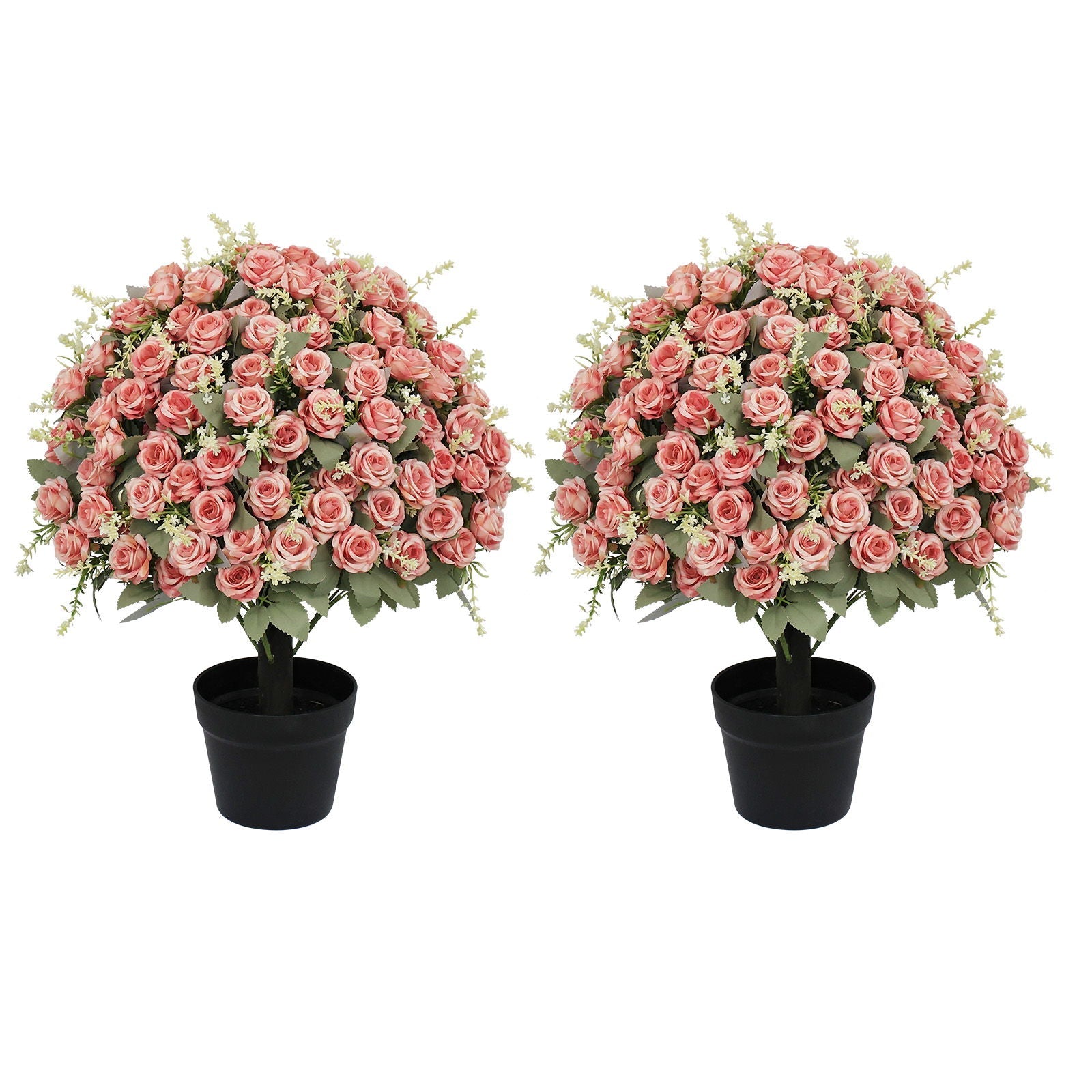 Artificial Rose Decoration With UV Resistant Silk Petals, Durable Stems In Cement Pot, Indoor Outdoor Potted Floral Arrangement - Green / Pink
