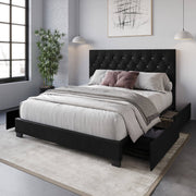 Sheffield Full Tufted Upholstered Storage Platform Bed Frame with Diamond Button-Tufted Headboard and Four Under-Drawers, Dark Gray, Easy Assembly: King / Black