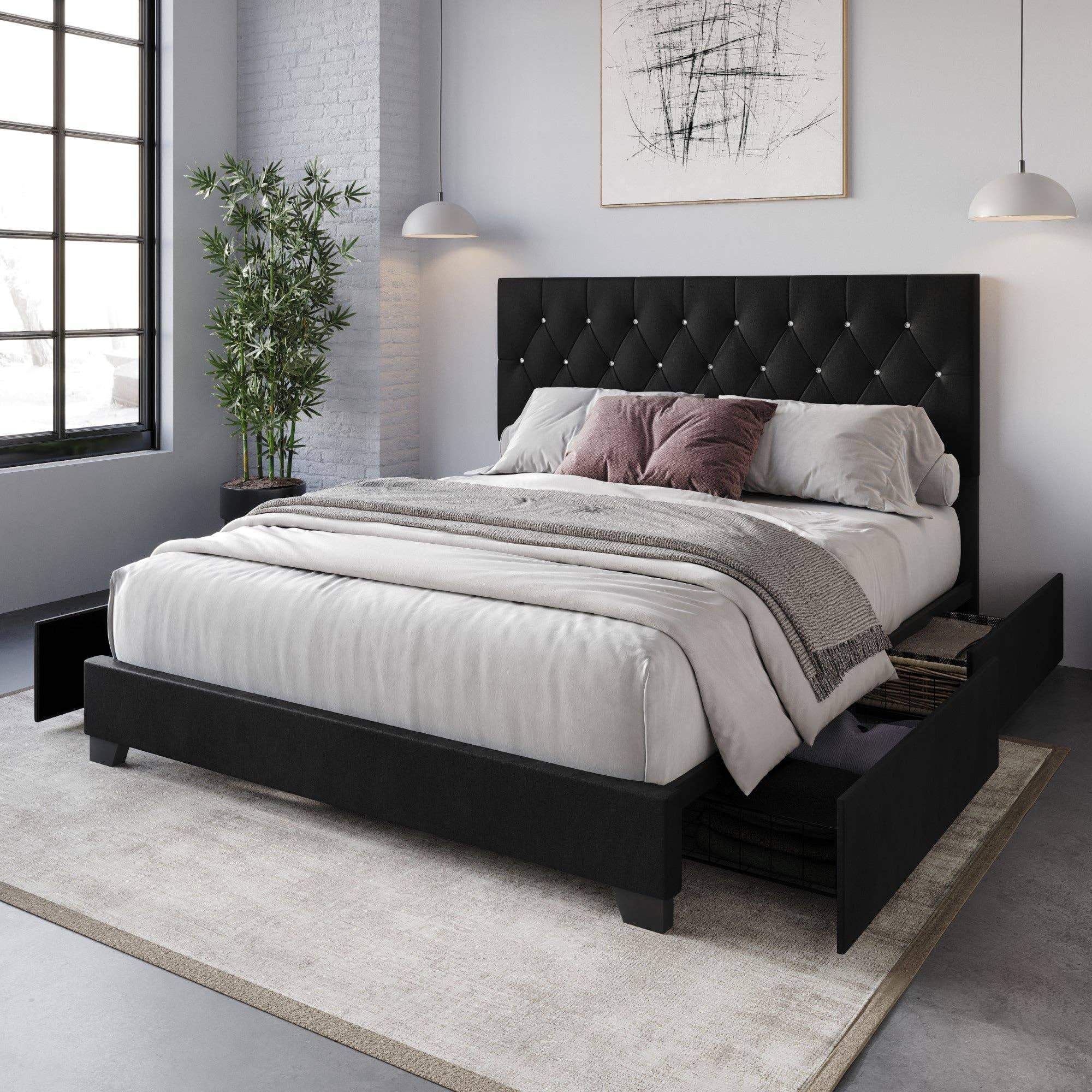 Sheffield Full Tufted Upholstered Storage Platform Bed Frame with Diamond Button-Tufted Headboard and Four Under-Drawers, Dark Gray, Easy Assembly: King / Black