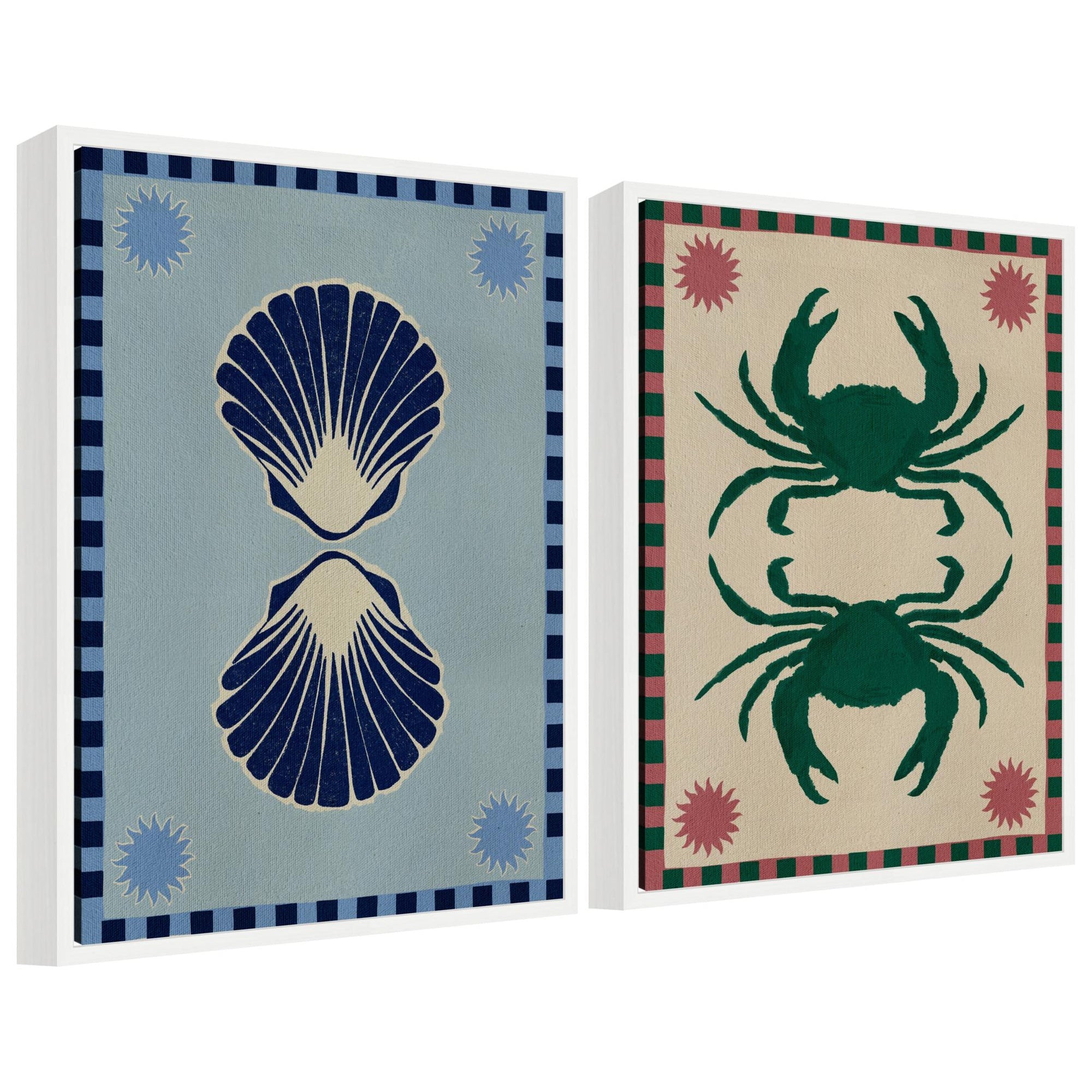 Sylvie Lush Duo Seashells and Crabs Framed Canvas Art Set by Shatha Al Dafai