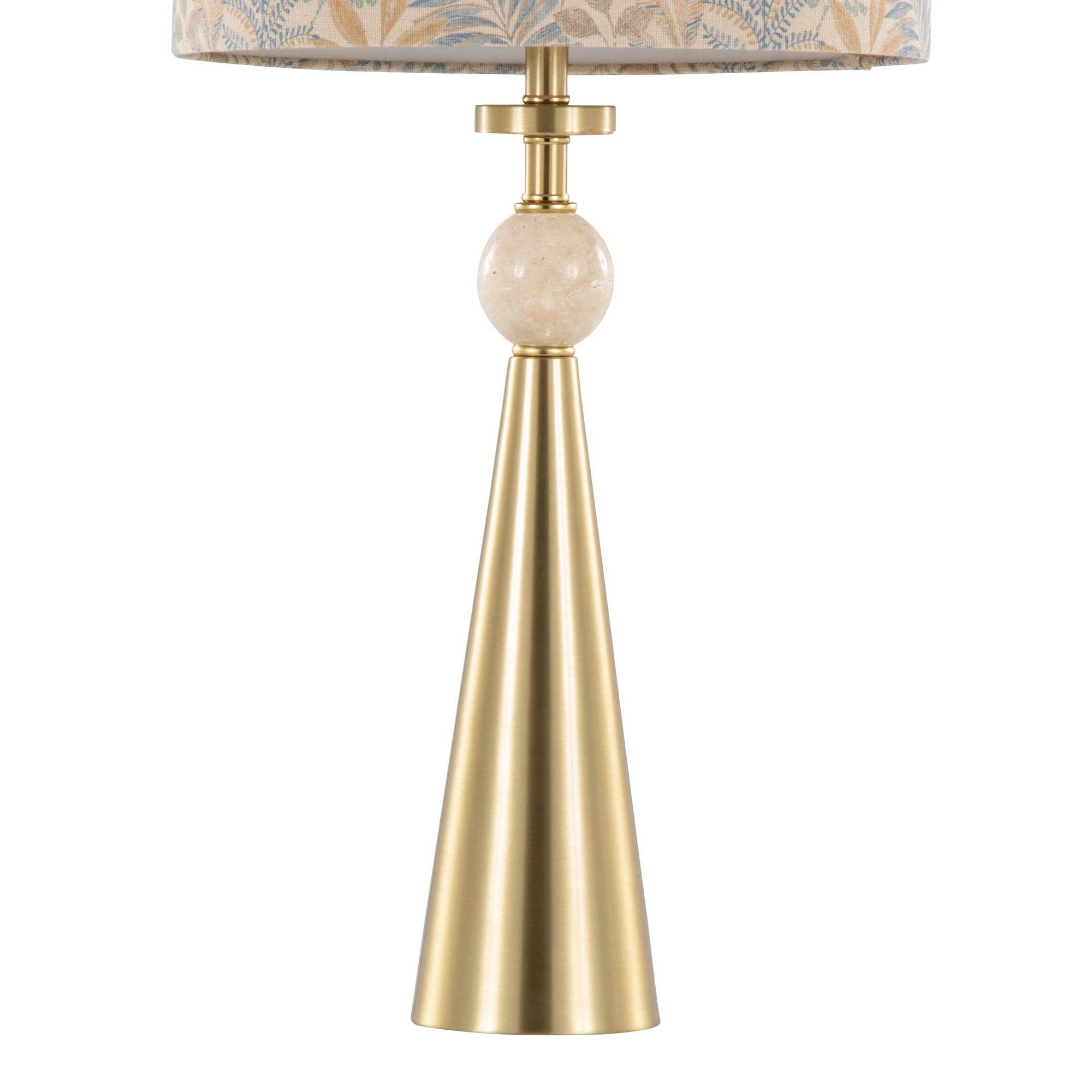 Cone Travertine 27" Table Lamp - In Gold Metal: Gold Metal, Travertine, Tan Leaf Shade