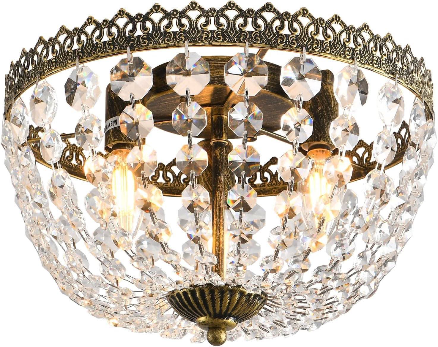 Three Light French Empire Crystal Chandelier Antique Bronze Dimmable Flush Mount