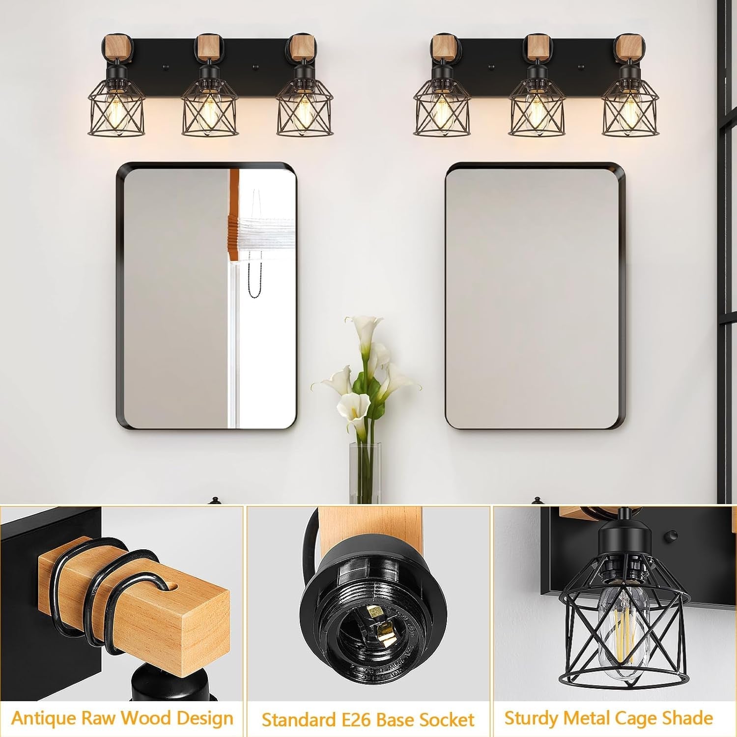 3-Light Wood Farmhouse Vanity Light