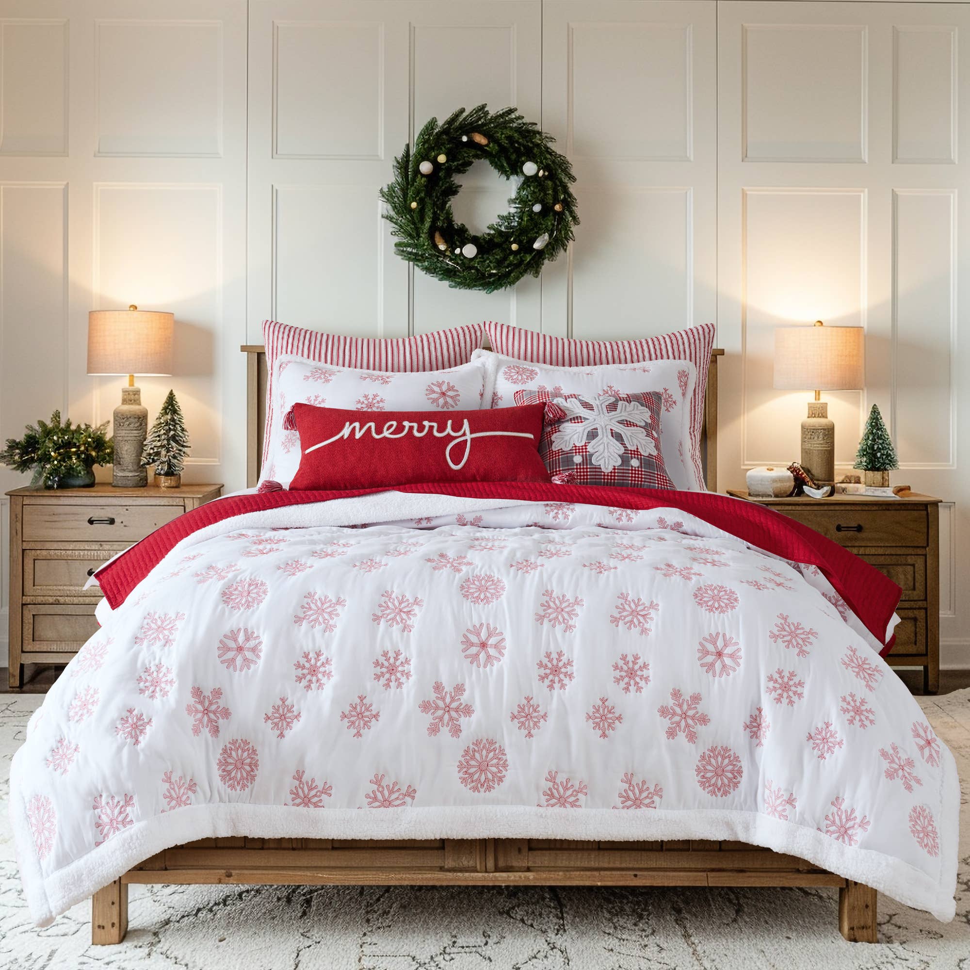 Red Snowflake Sherpa Quilt Set: Natural / King/Cal King