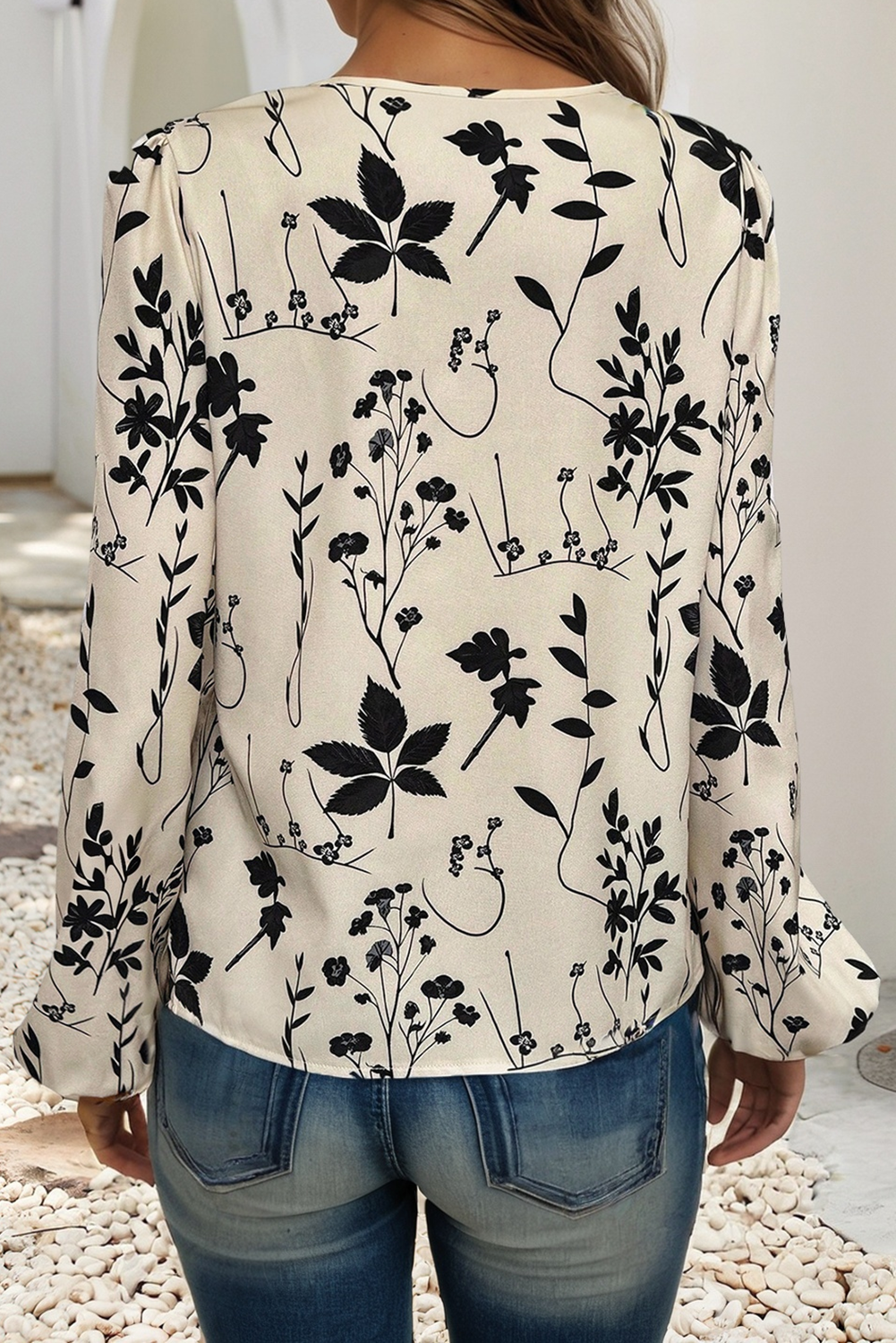 Botanical Floral Print Split Neck Long Sleeve Blouse