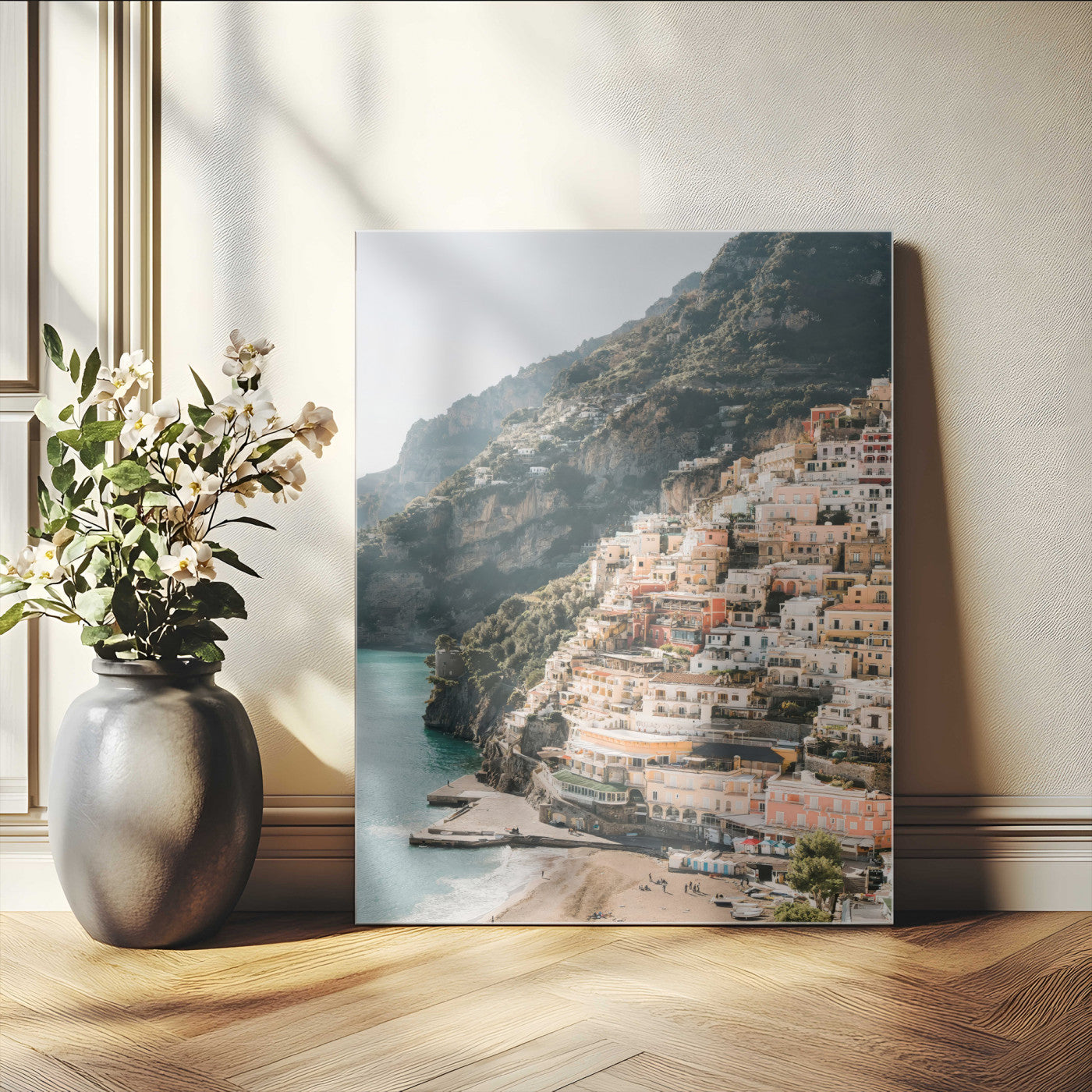 Mediterranean Coastal Cliffside Town Wall Art – Vibrant