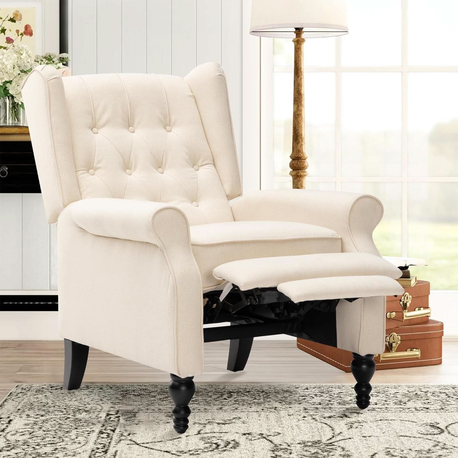 Beige Mid Century Wingback Recliner Chair With Upholstered Fabric