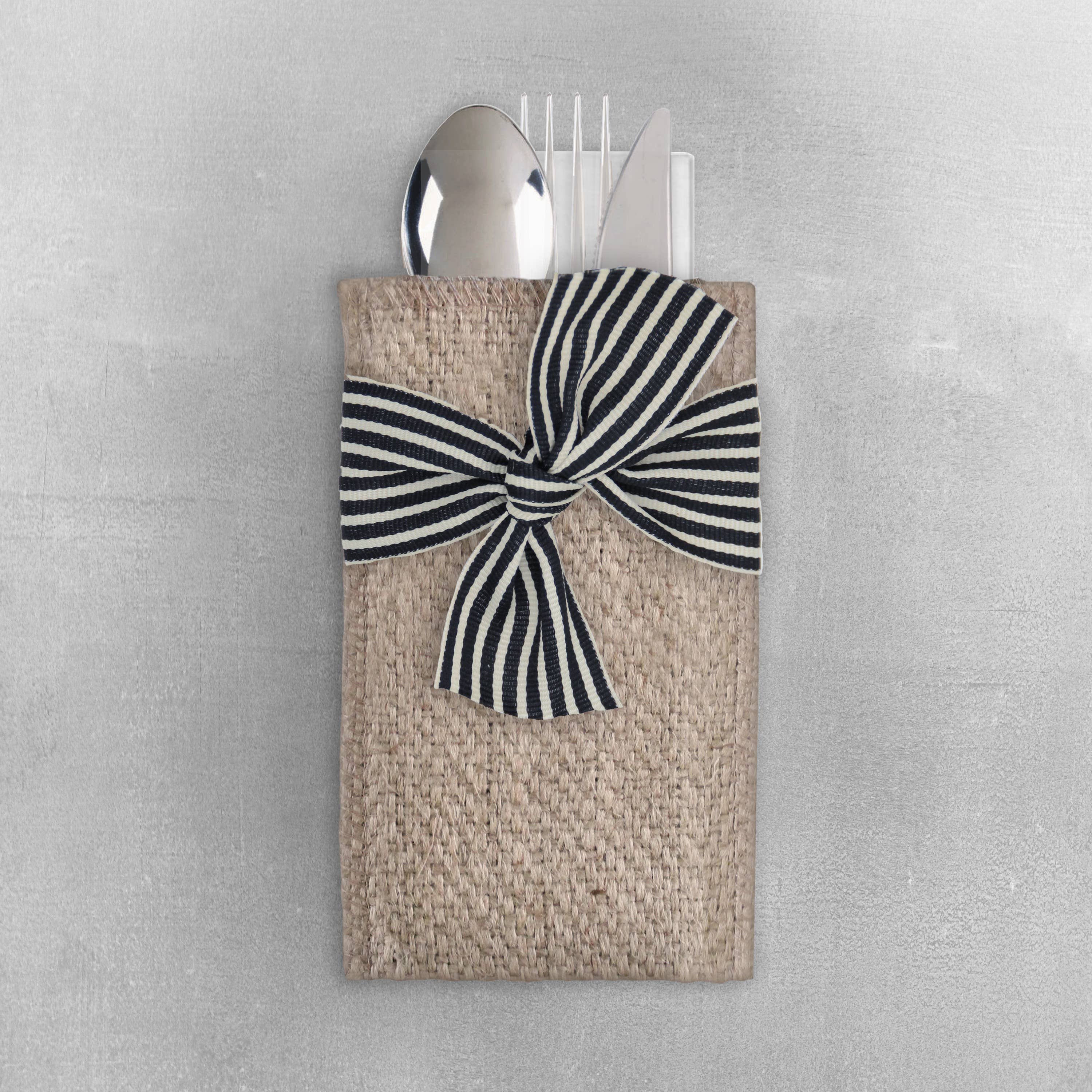 Stripe Hand Tied Ribbons - Black/Cream - Flatware Pouch