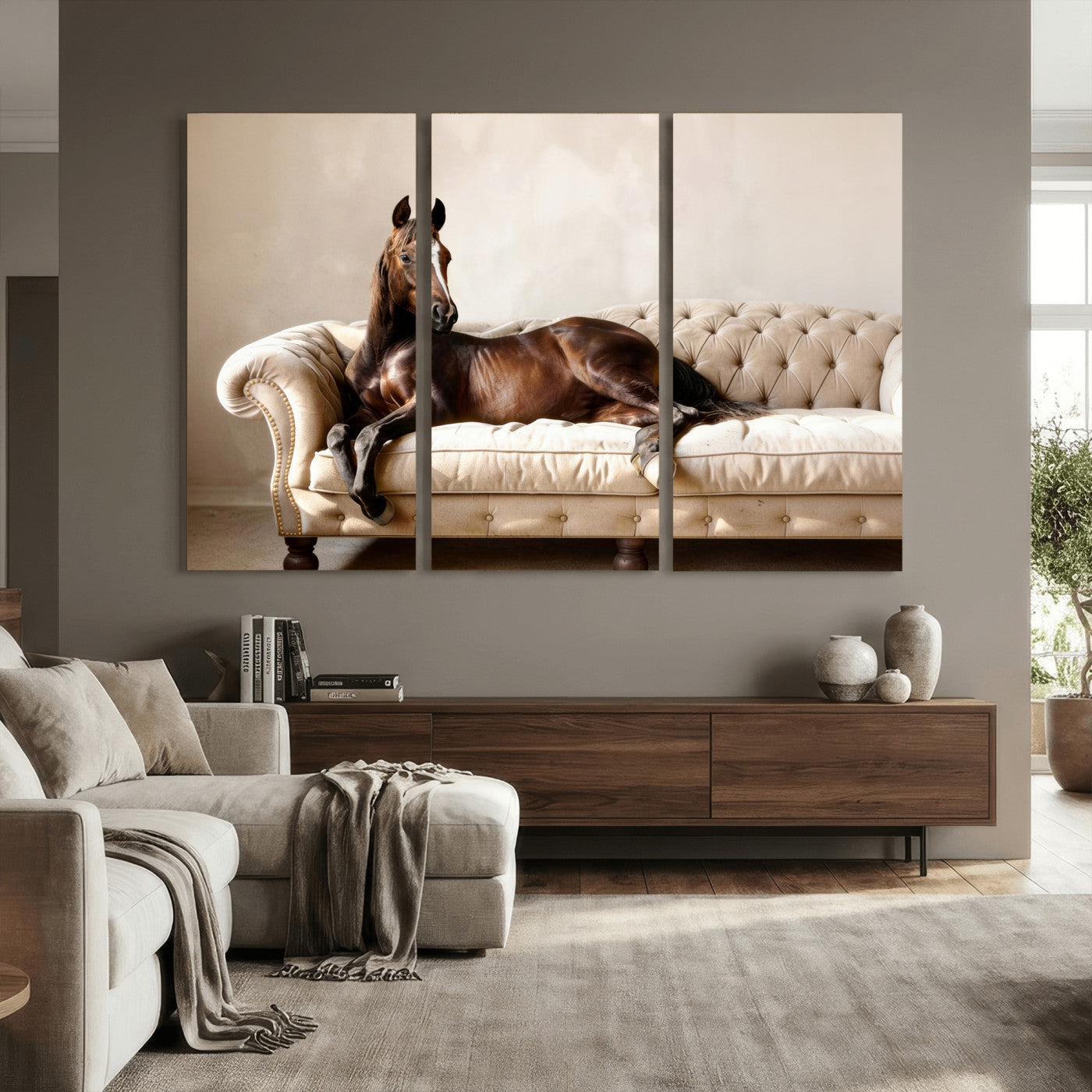 Funny Horse on Sofa Canvas Wall Art, Quirky Horse Lounging Photo Print, Whimsical Animal Decor, Living Room Conversation Art, Horse Lover Gift