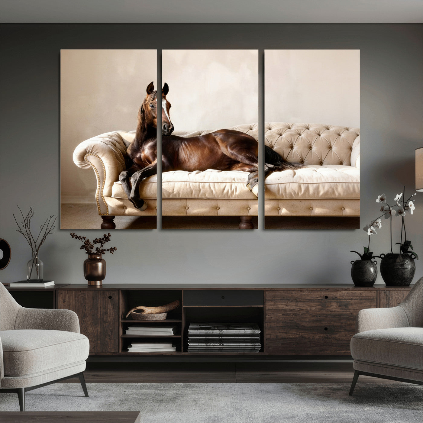Funny Horse on Sofa Canvas Wall Art, Quirky Horse Lounging Photo Print, Whimsical Animal Decor, Living Room Conversation Art, Horse Lover Gift
