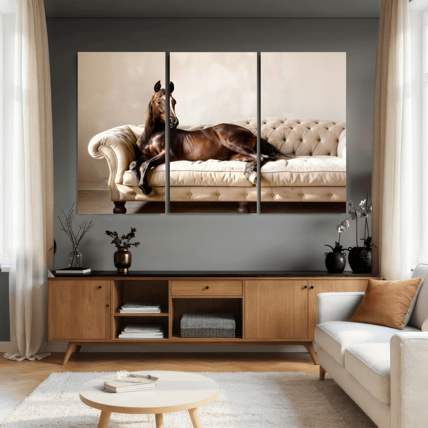 Funny Horse on Sofa Canvas Wall Art, Quirky Horse Lounging Photo Print, Whimsical Animal Decor, Living Room Conversation Art, Horse Lover Gift