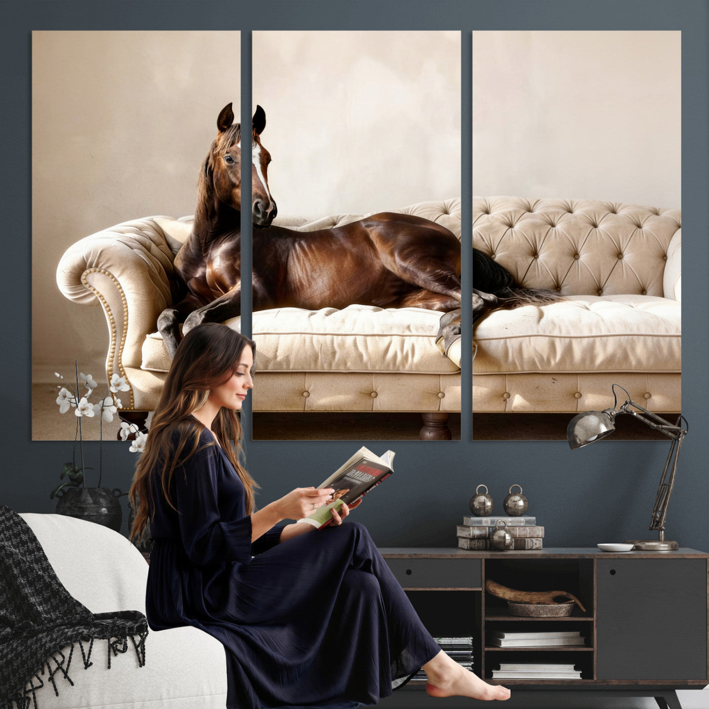 Funny Horse on Sofa Canvas Wall Art, Quirky Horse Lounging Photo Print, Whimsical Animal Decor, Living Room Conversation Art, Horse Lover Gift