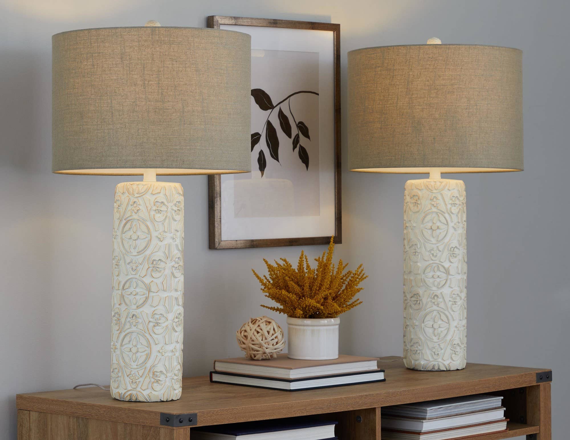 Charlotte 30" Polyresin Table Lamp - Set of 2: Brushed Taos Brown Polyresin, Beige Linen