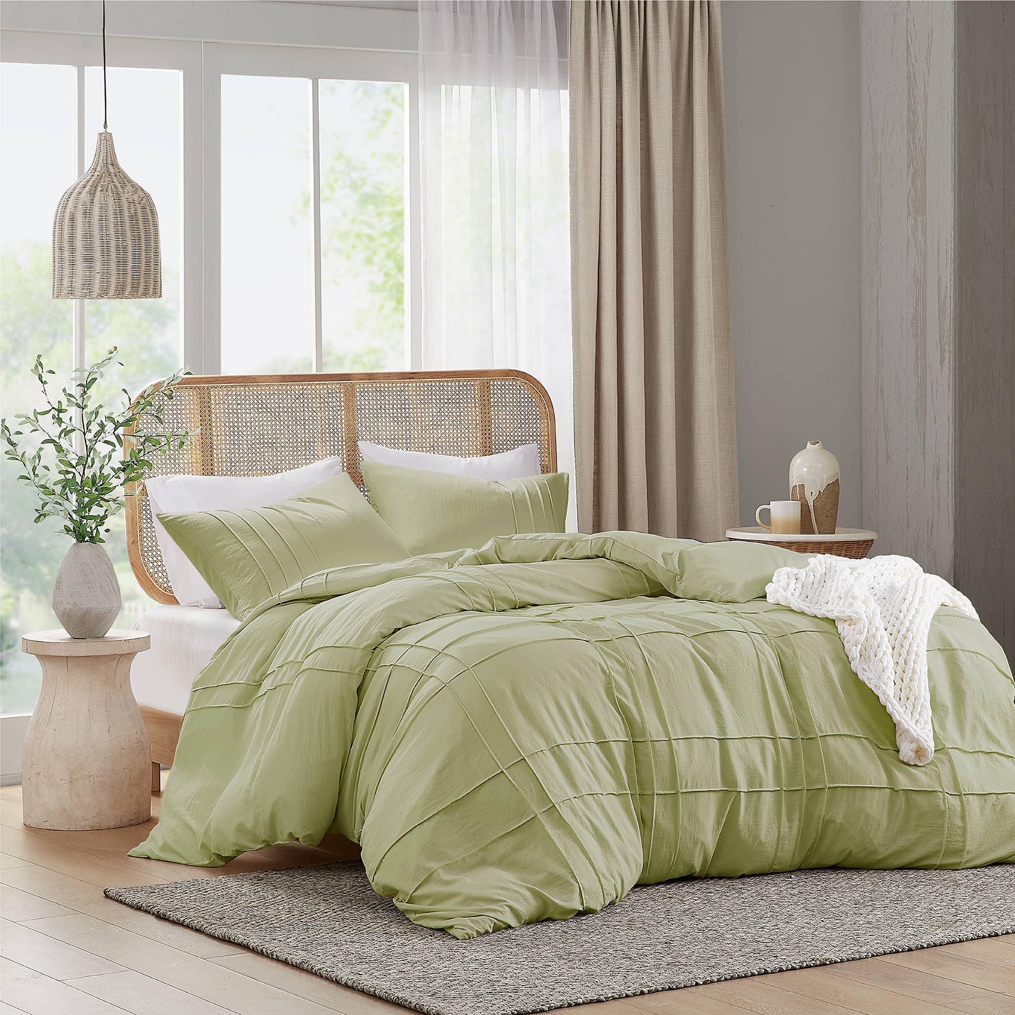 Grid Pattern Soft Washed Pleated Duvet Cover Set, Sage: King