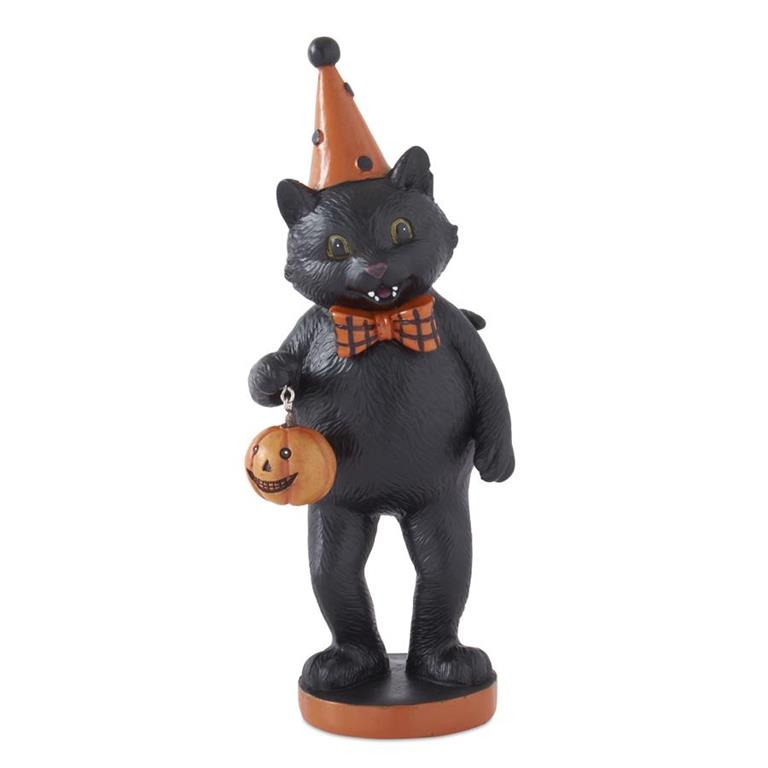 9.25 Inch Black Resin Cats w/Party Hat Bow Tie & Jack O La